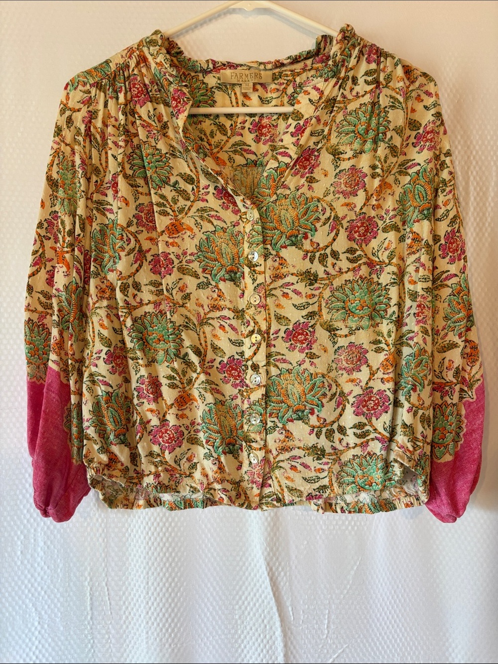 Farmers Market Floral Button-Front Blouse - Cream with Teal & Pink